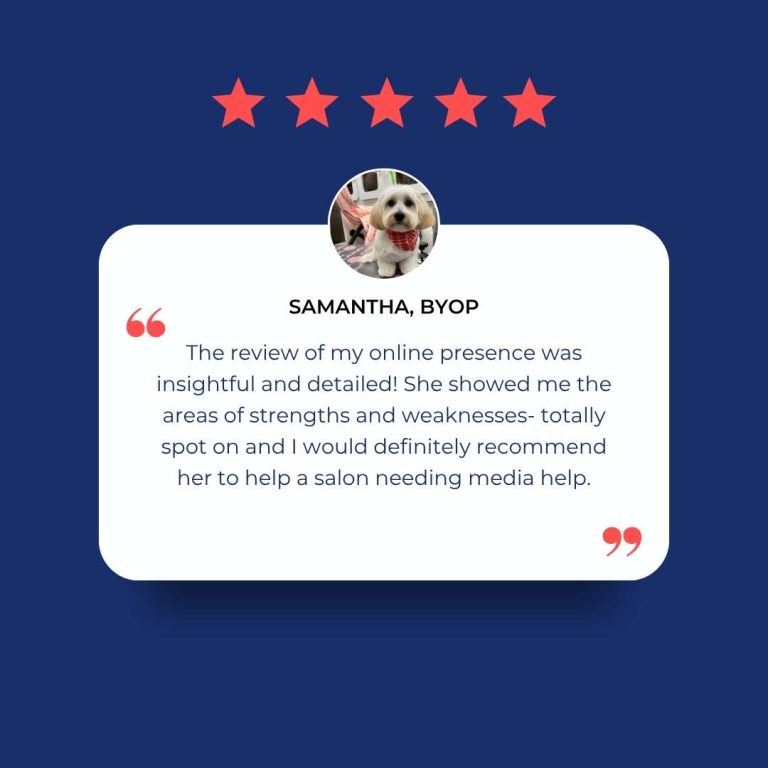 Five star review from Samantha at BYOP grooming salon praising Groomer Brand Lab marketing audit