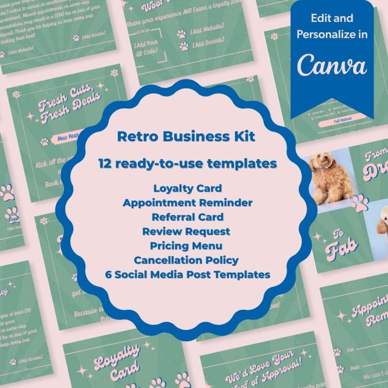 Retro Grooming Marketing Kit - 12 Canva templates for grooming salons